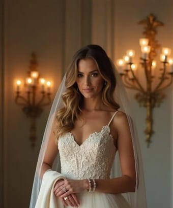 Bride in a lace gown by candlelight