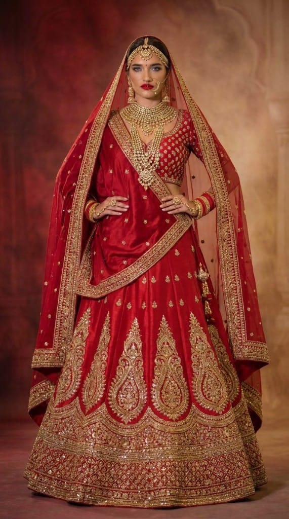 Indian bride in a red lehenga with gold jewelry