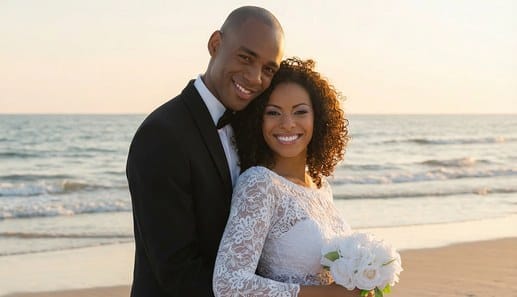 Couple portrait on the beach at sunset